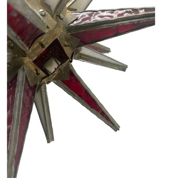 Brutalist Handmade Stained Glass Moravian Star Large Red white signed 1975 R Roy - Picture 5 of 6